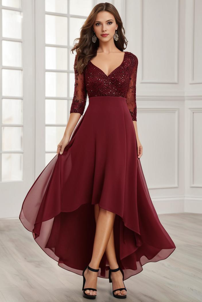 3 4 sleeve sheer sequin stripe high low hem evening dress 130112