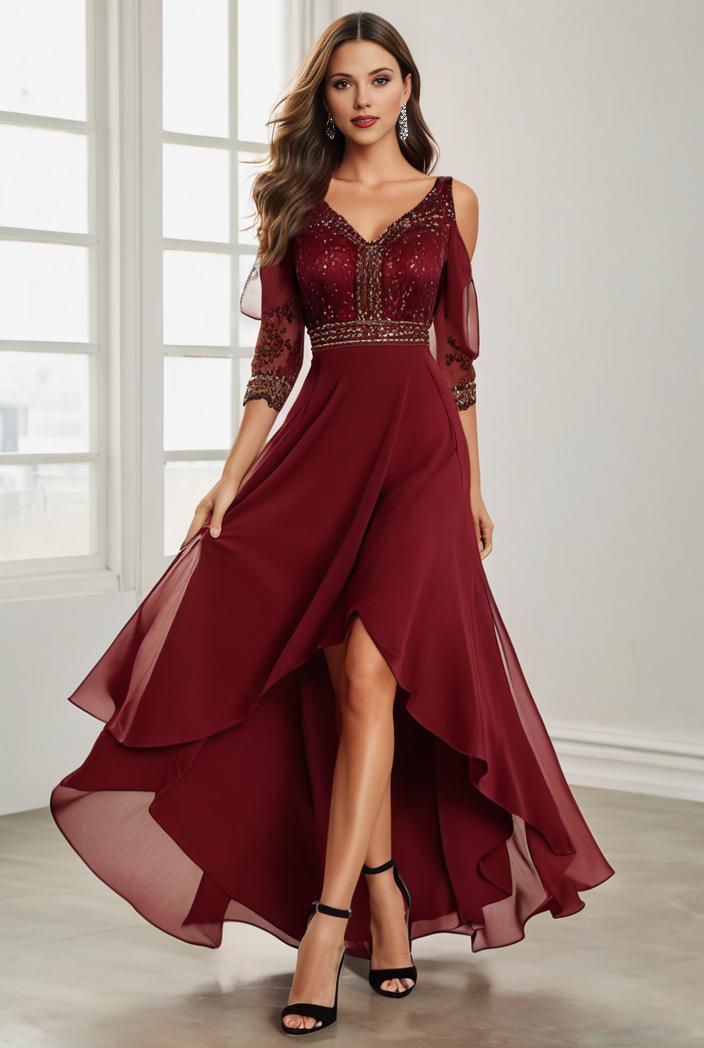 3 4 sleeve sheer sequin stripe high low hem evening dress 130113