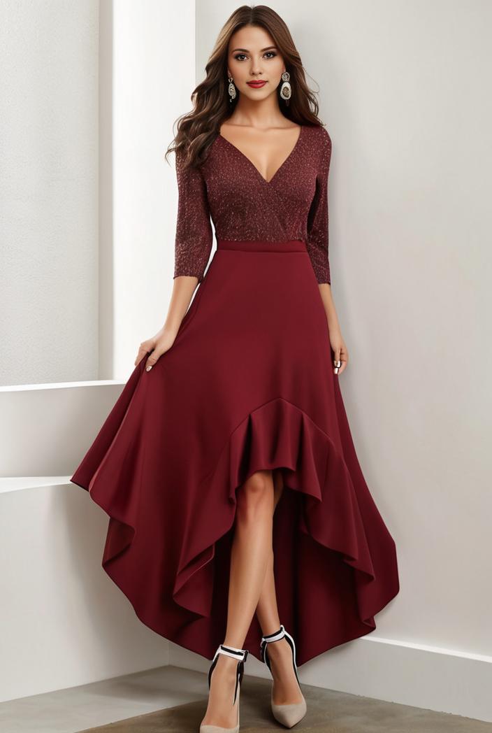 3 4 sleeve sheer sequin stripe high low hem evening dress 122056