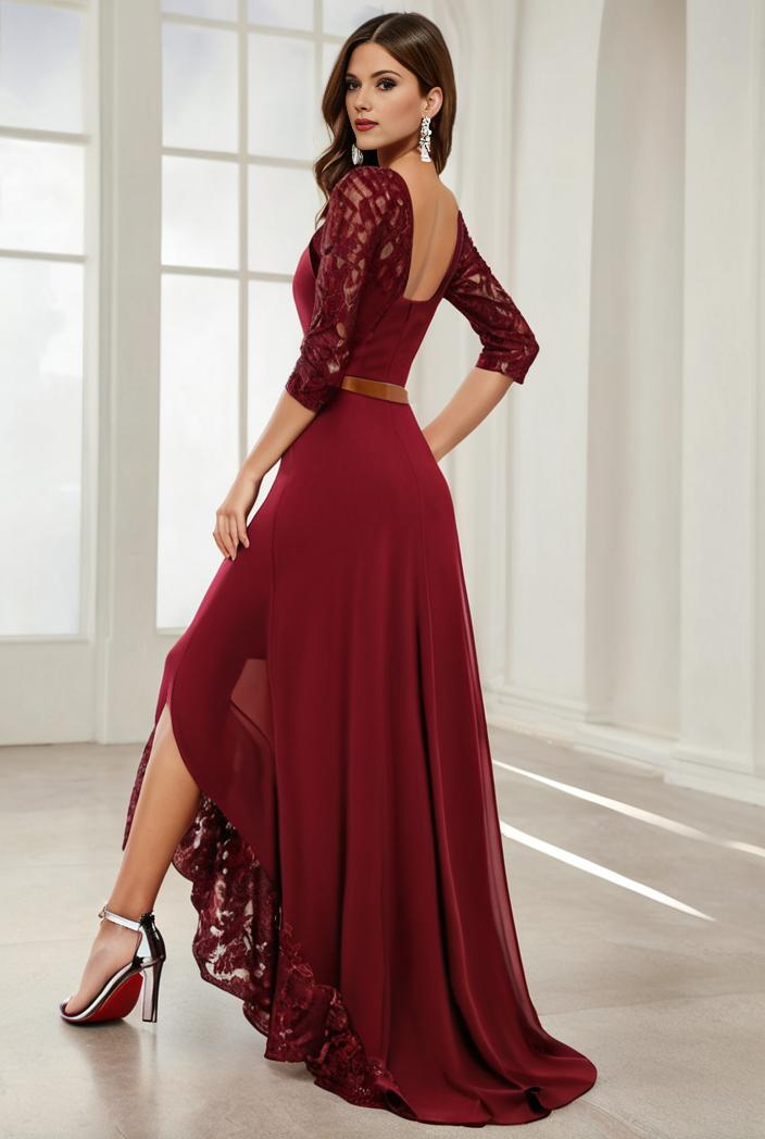 3 4 sleeve sheer sequin stripe high low hem evening dress 122062