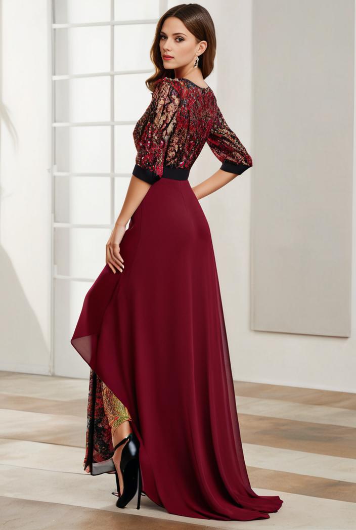 3 4 sleeve sheer sequin stripe high low hem evening dress 122076
