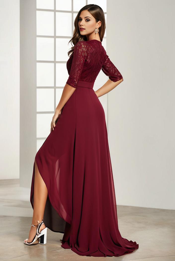 3 4 sleeve sheer sequin stripe high low hem evening dress 122077