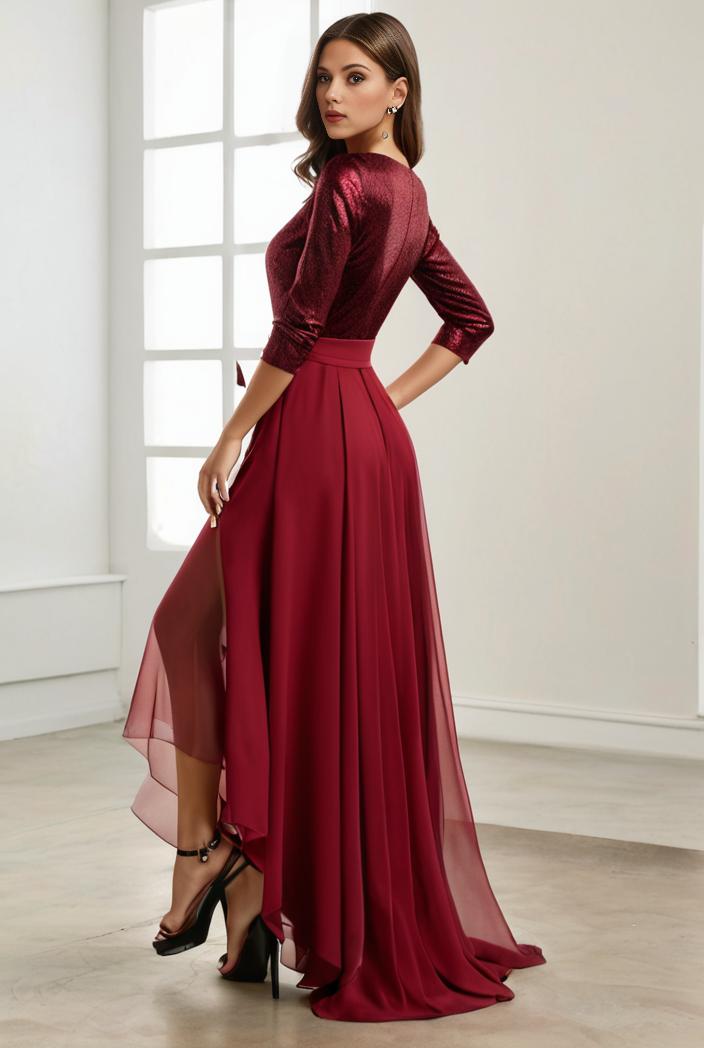 3 4 sleeve sheer sequin stripe high low hem evening dress 122079