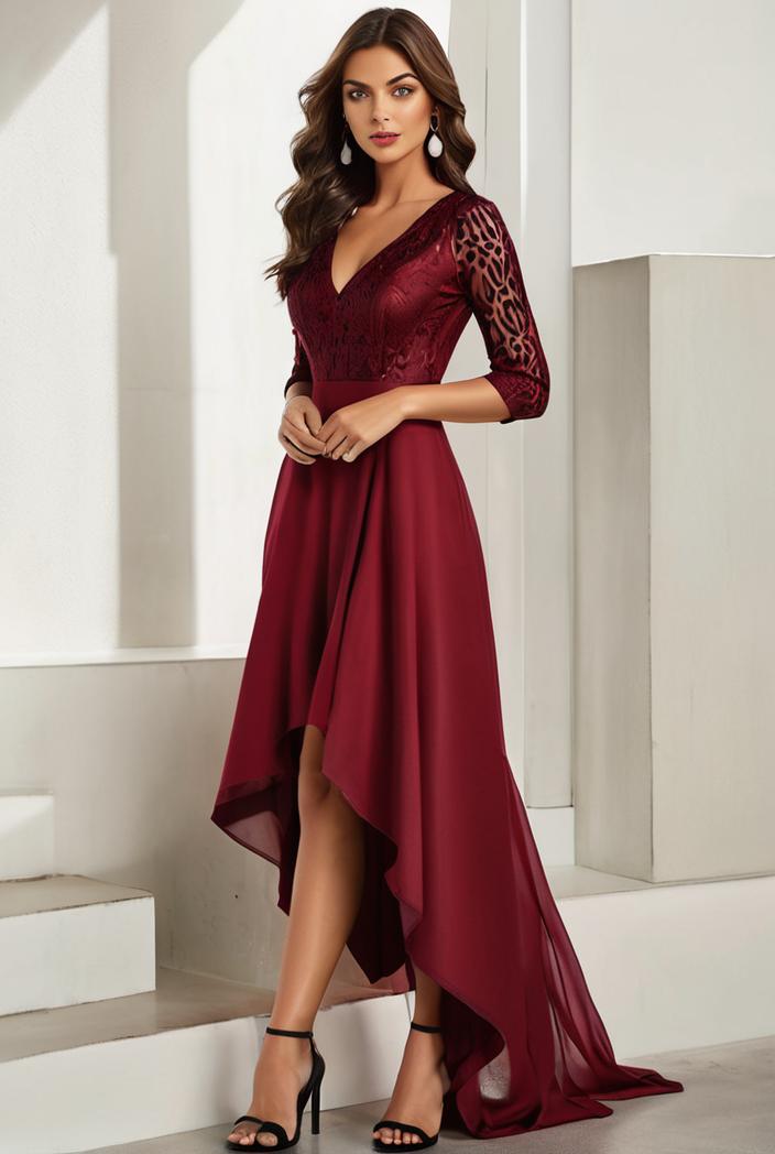 3 4 sleeve sheer sequin stripe high low hem evening dress 142045