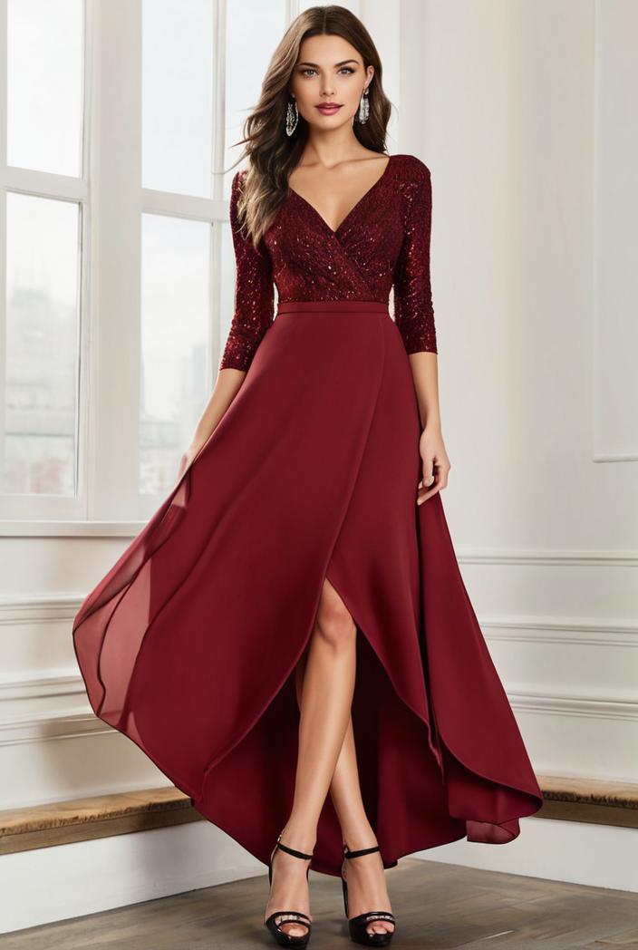 3 4 sleeve sheer sequin stripe high low hem evening dress 142058