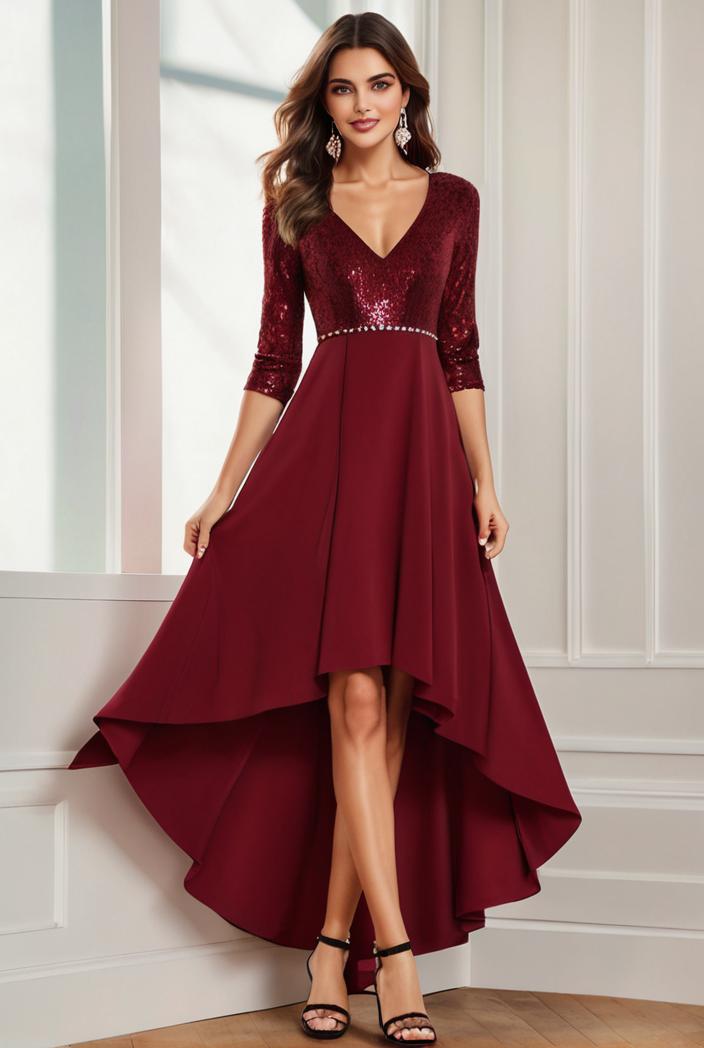 3 4 sleeve sheer sequin stripe high low hem evening dress 142063