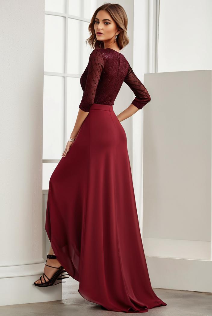 3 4 sleeve sheer sequin stripe high low hem evening dress 142067