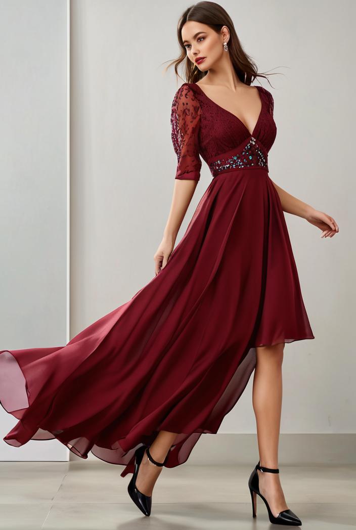 3 4 sleeve sheer sequin stripe high low hem evening dress 142077