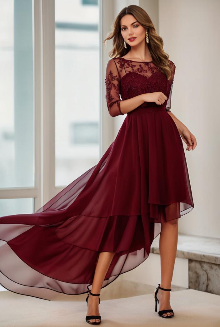 3 4 sleeve sheer sequin stripe high low hem evening dress 142079