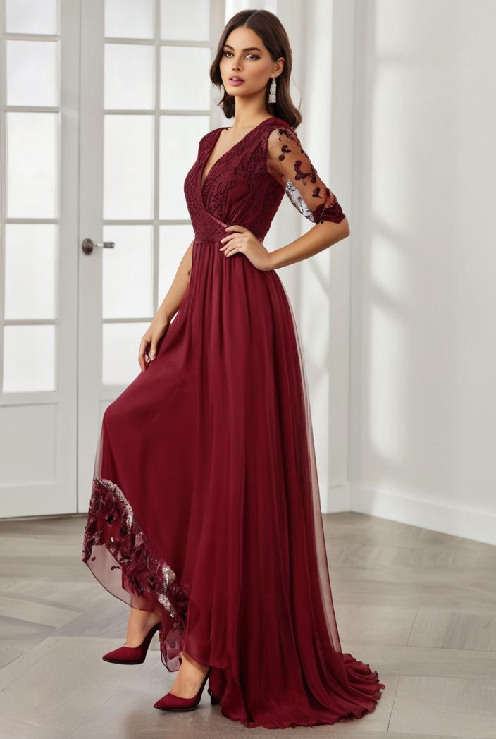 3 4 sleeve sheer sequin stripe high low hem evening dress 142084