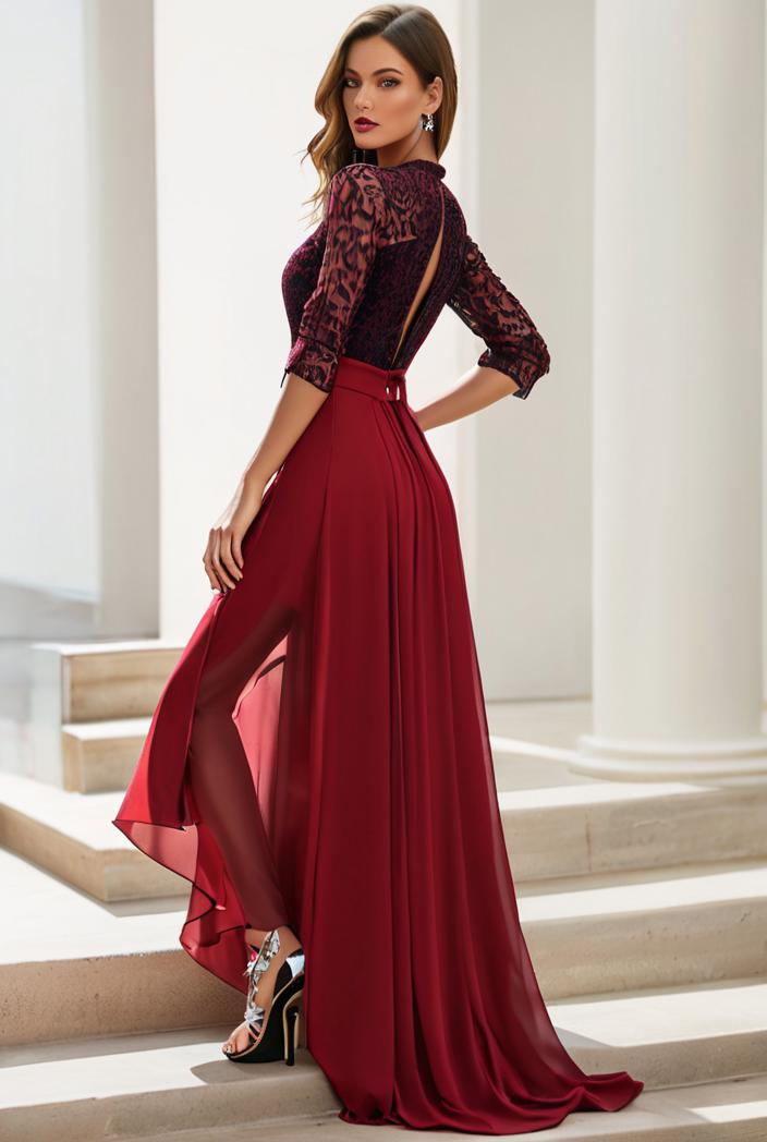 3 4 sleeve sheer sequin stripe high low hem evening dress 142086