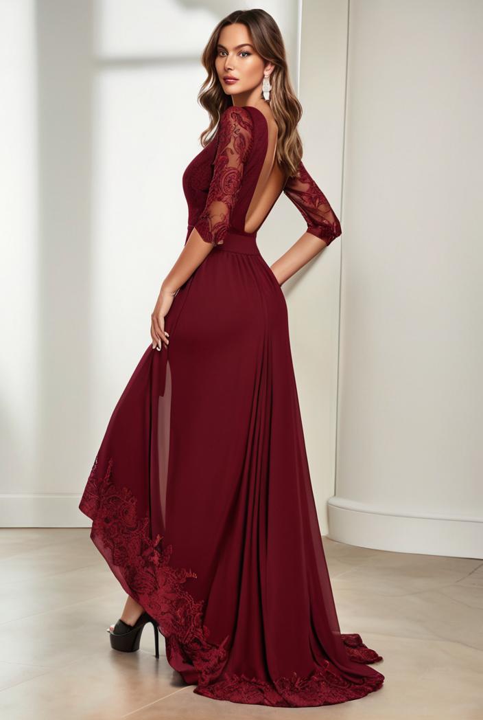 3 4 sleeve sheer sequin stripe high low hem evening dress 142087