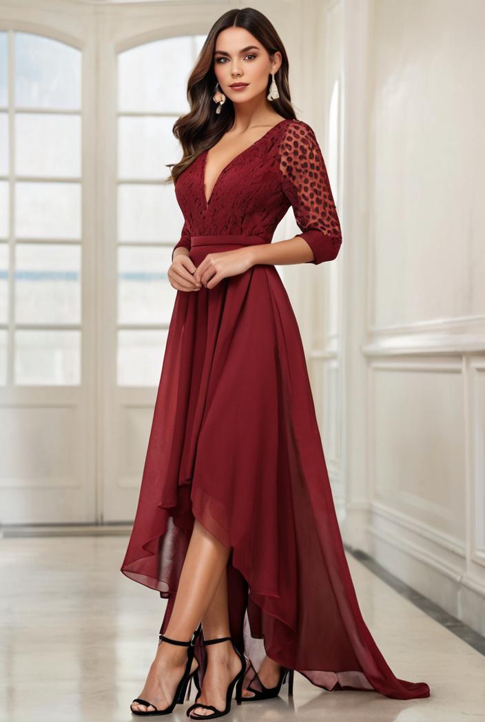 3 4 sleeve sheer sequin stripe high low hem evening dress 142093