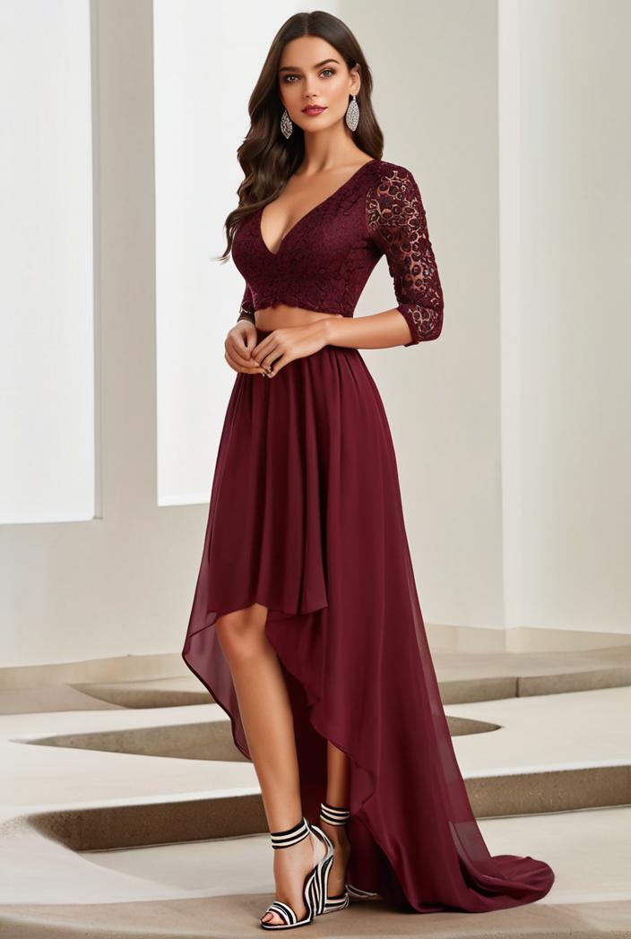 3 4 sleeve sheer sequin stripe high low hem evening dress 142094