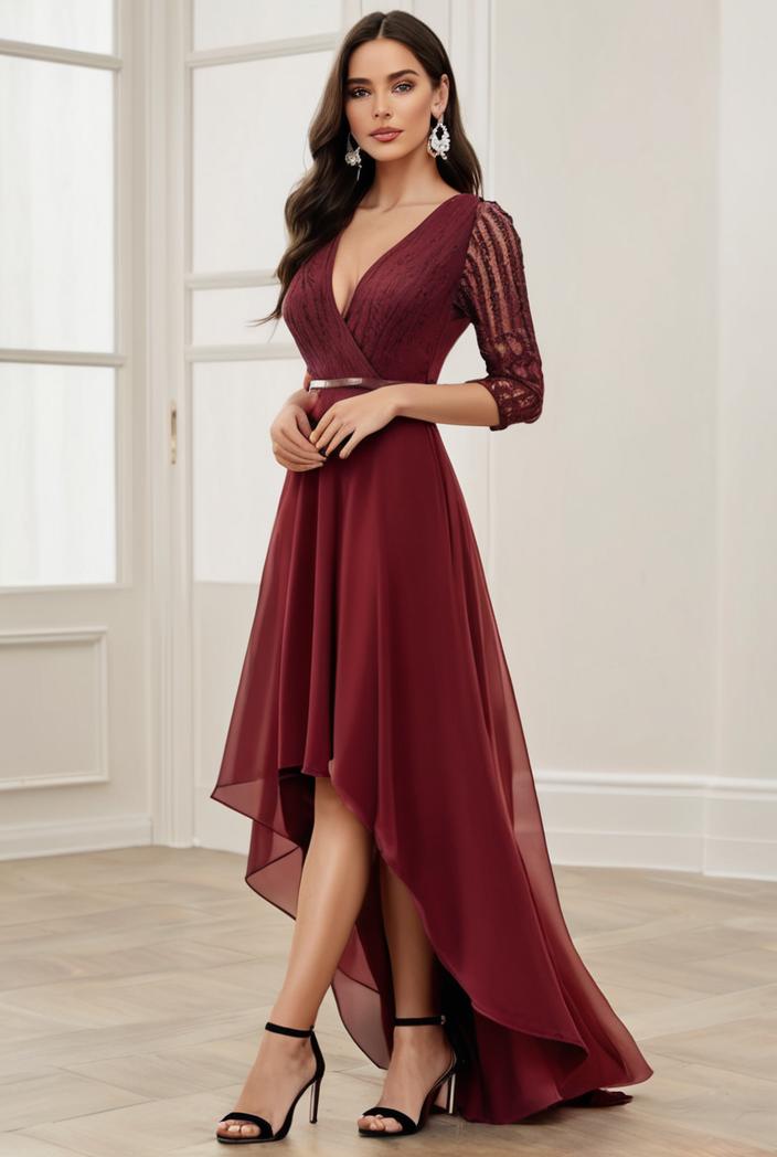 3 4 sleeve sheer sequin stripe high low hem evening dress 142096