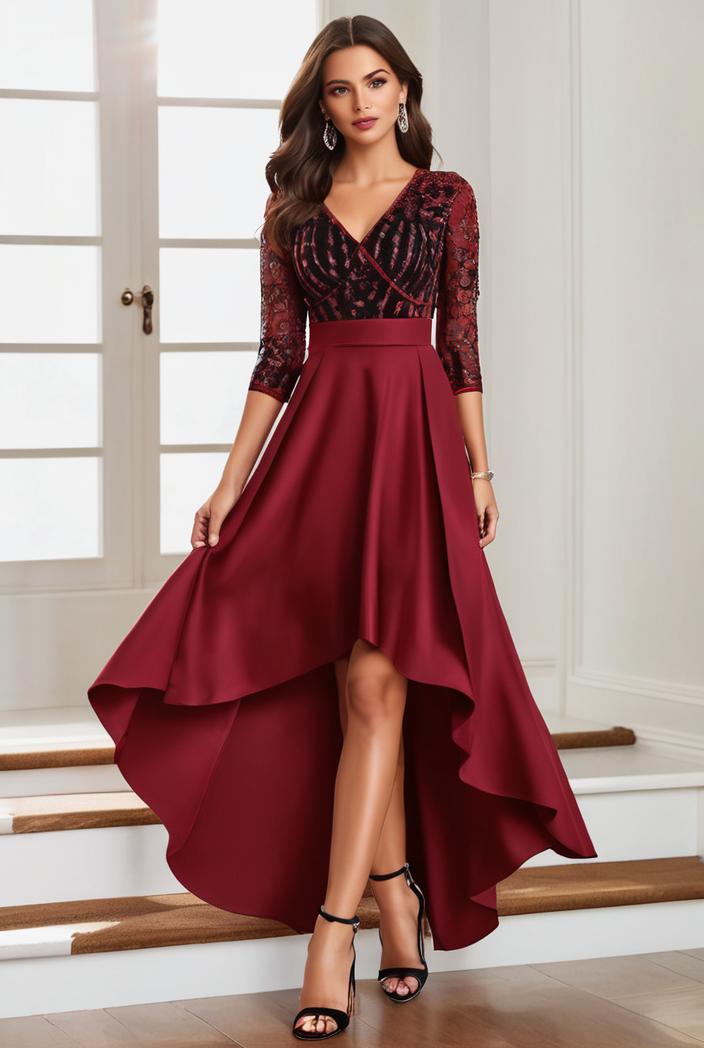 3 4 sleeve sheer sequin stripe high low hem evening dress 142102