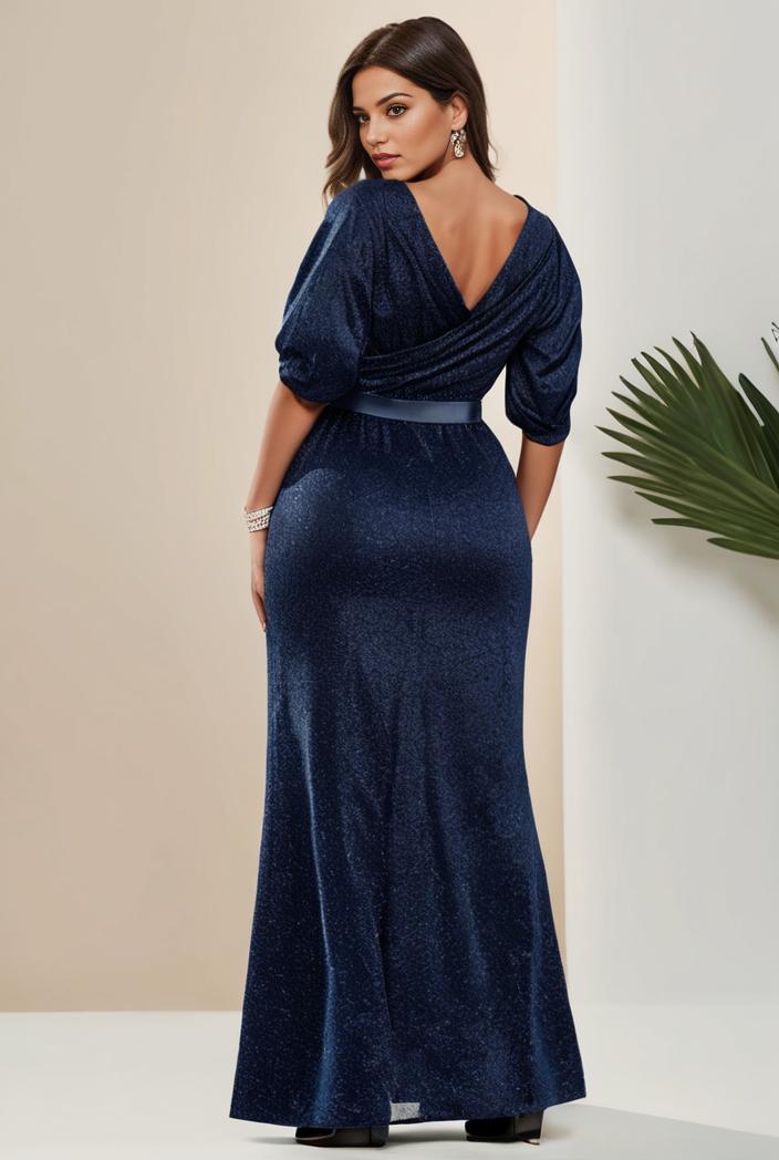 3 4 sleeve bodycon plunging back sequin evening dress 127617