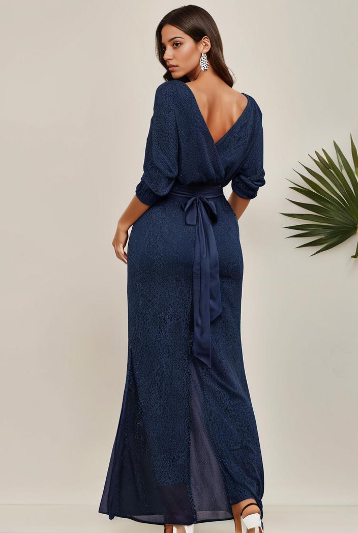 3 4 sleeve bodycon plunging back sequin evening dress 127618