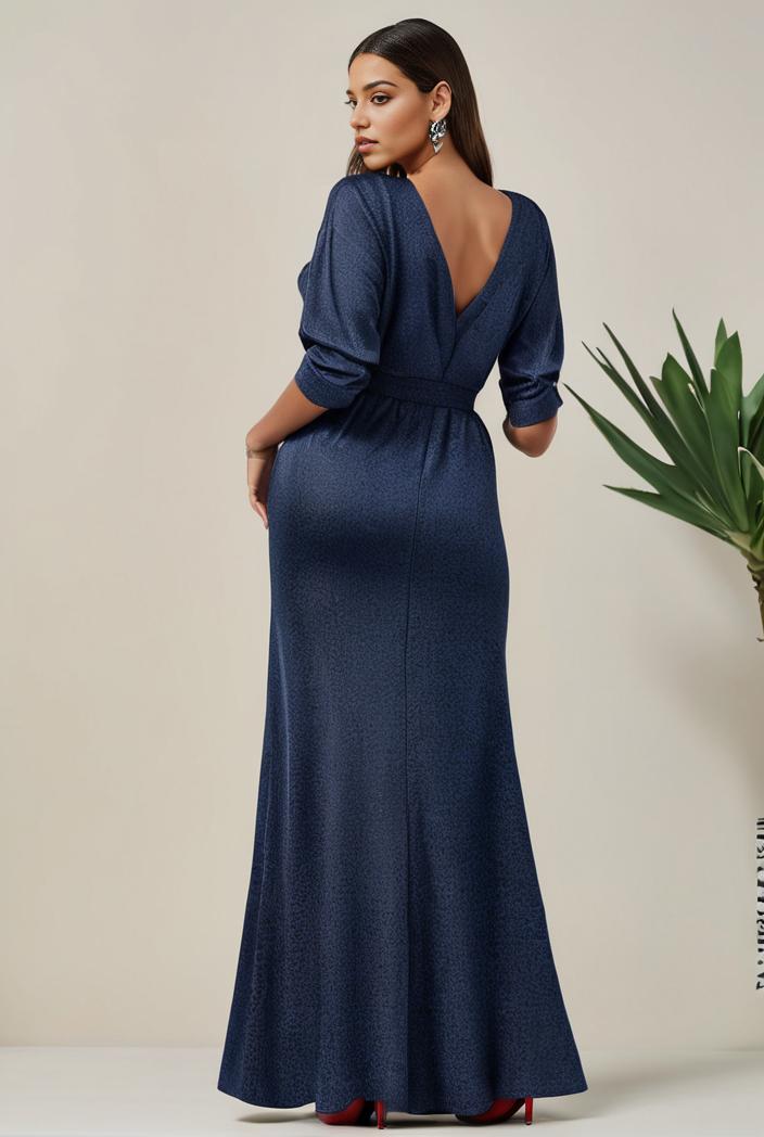 3 4 sleeve bodycon plunging back sequin evening dress 127620