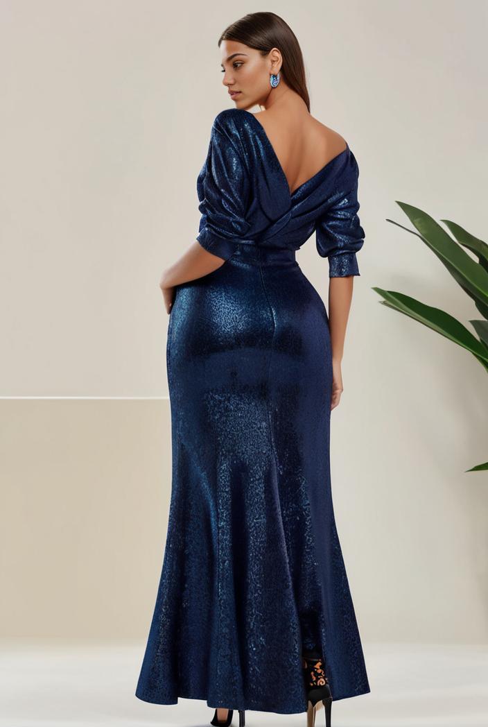 3 4 sleeve bodycon plunging back sequin evening dress 127623