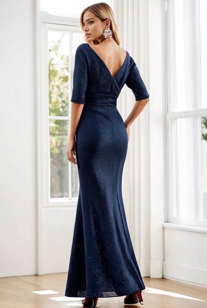 3 4 sleeve bodycon plunging back sequin evening dress 127625