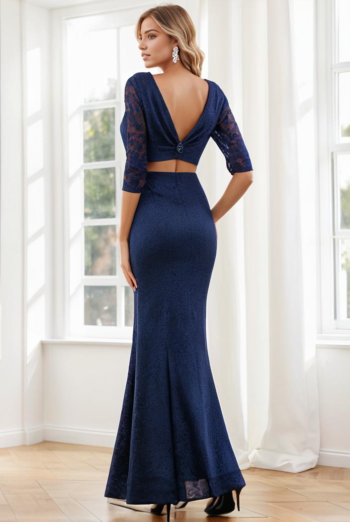 3 4 sleeve bodycon plunging back sequin evening dress 127626