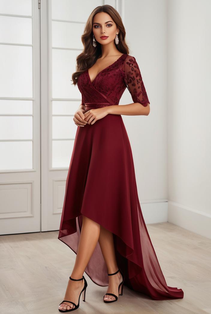 3 4 sleeve sheer sequin stripe high low hem evening dress 135901