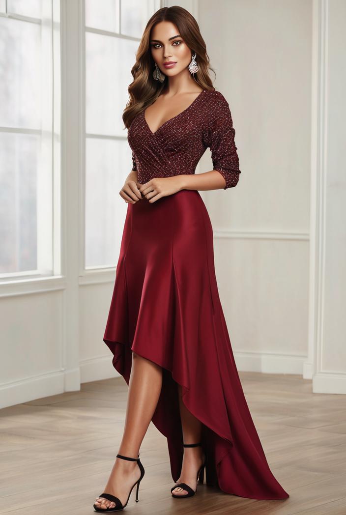 3 4 sleeve sheer sequin stripe high low hem evening dress 135903