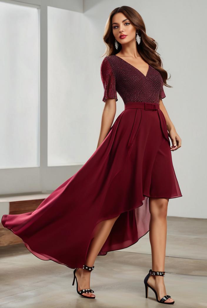 3 4 sleeve sheer sequin stripe high low hem evening dress 135909