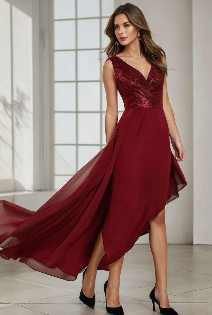 3 4 sleeve sheer sequin stripe high low hem evening dress 135932