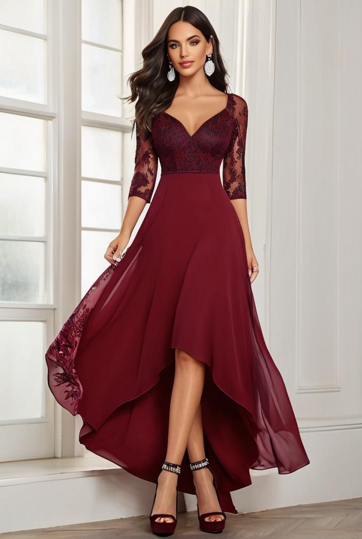 3 4 sleeve sheer sequin stripe high low hem evening dress 135955