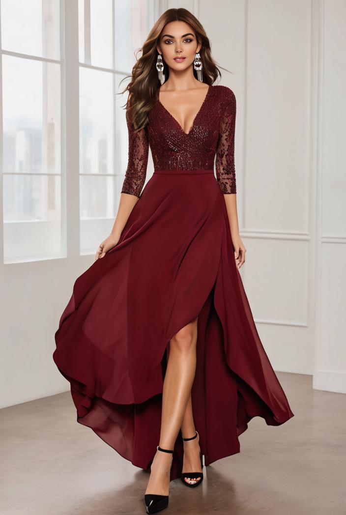 3 4 sleeve sheer sequin stripe high low hem evening dress 135959
