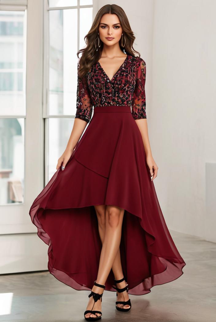 3 4 sleeve sheer sequin stripe high low hem evening dress 135961