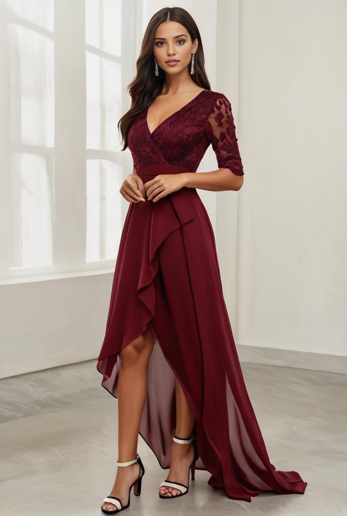 3 4 sleeve sheer sequin stripe high low hem evening dress 128604