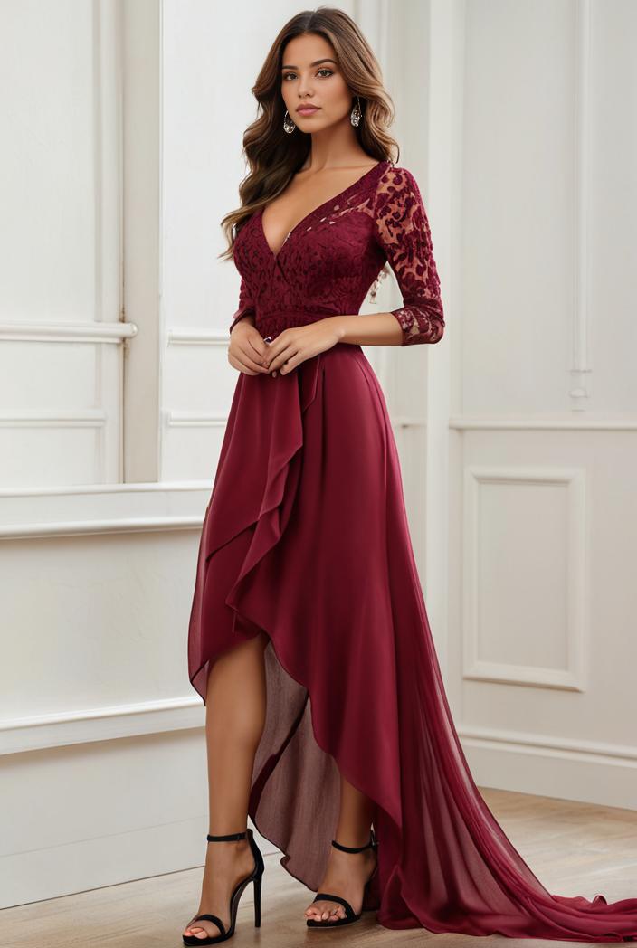 3 4 sleeve sheer sequin stripe high low hem evening dress 128607