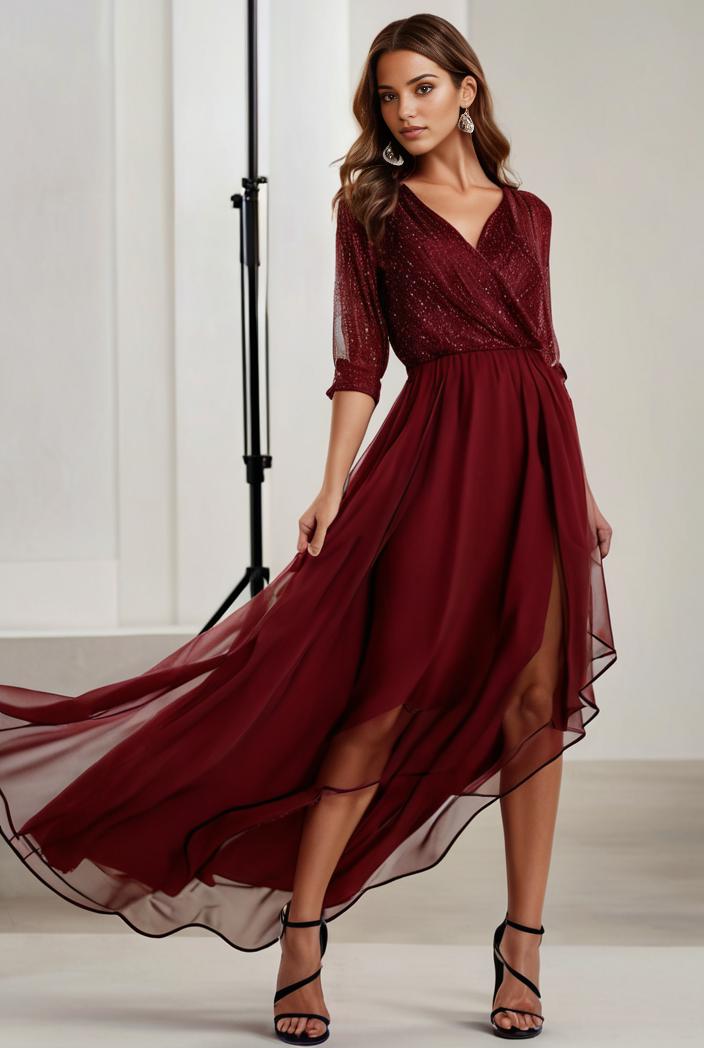 3 4 sleeve sheer sequin stripe high low hem evening dress 128612