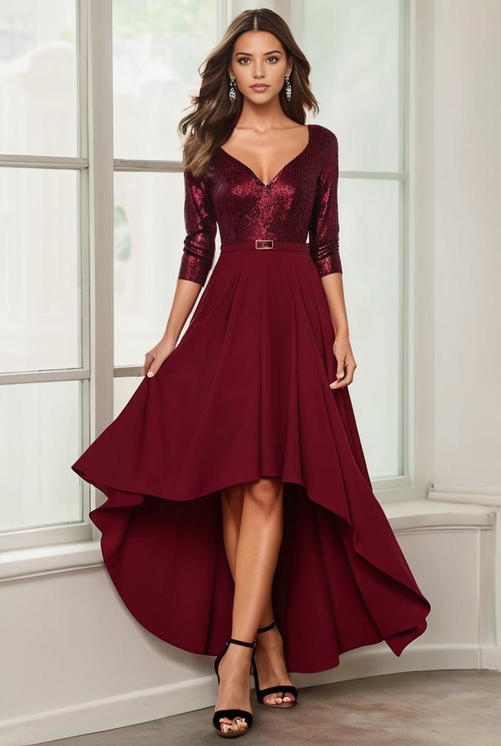 3 4 sleeve sheer sequin stripe high low hem evening dress 128619