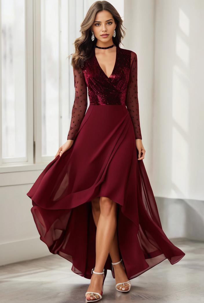 3 4 sleeve sheer sequin stripe high low hem evening dress 128620