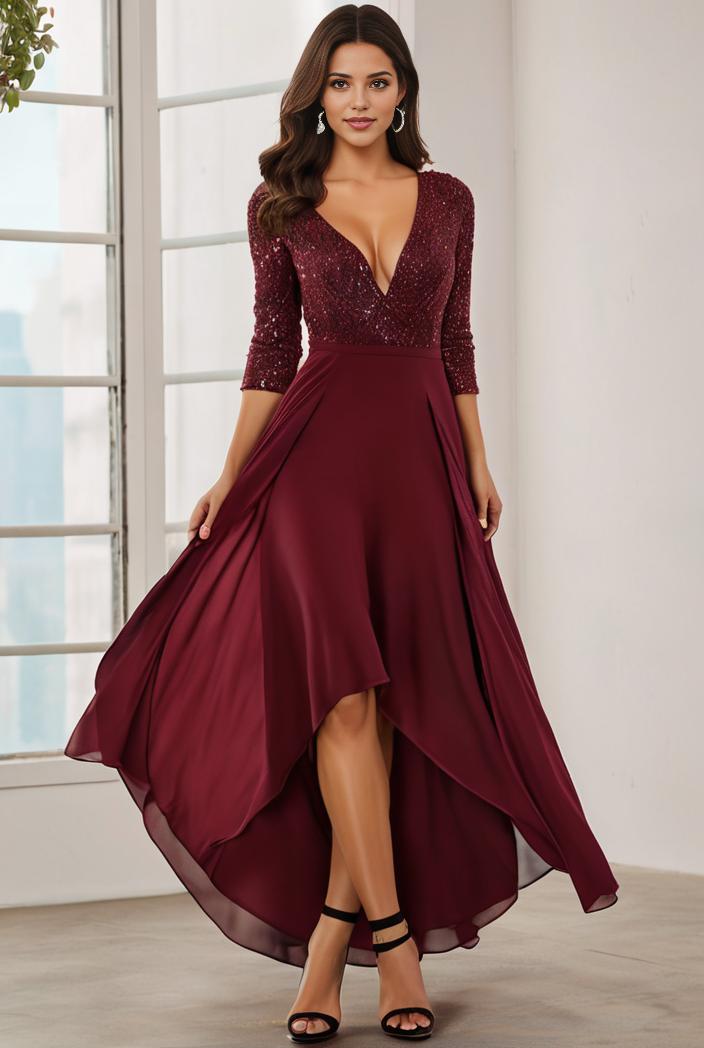 3 4 sleeve sheer sequin stripe high low hem evening dress 128622