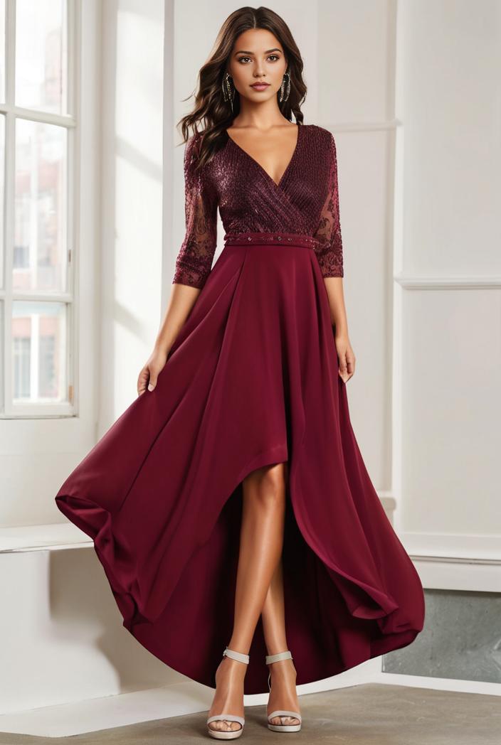 3 4 sleeve sheer sequin stripe high low hem evening dress 128624