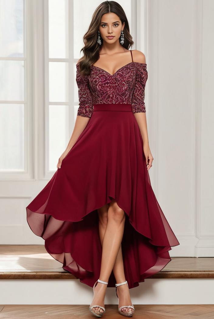 3 4 sleeve sheer sequin stripe high low hem evening dress 128626