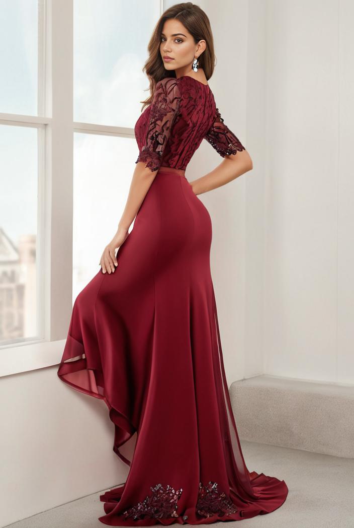 3 4 sleeve sheer sequin stripe high low hem evening dress 128629