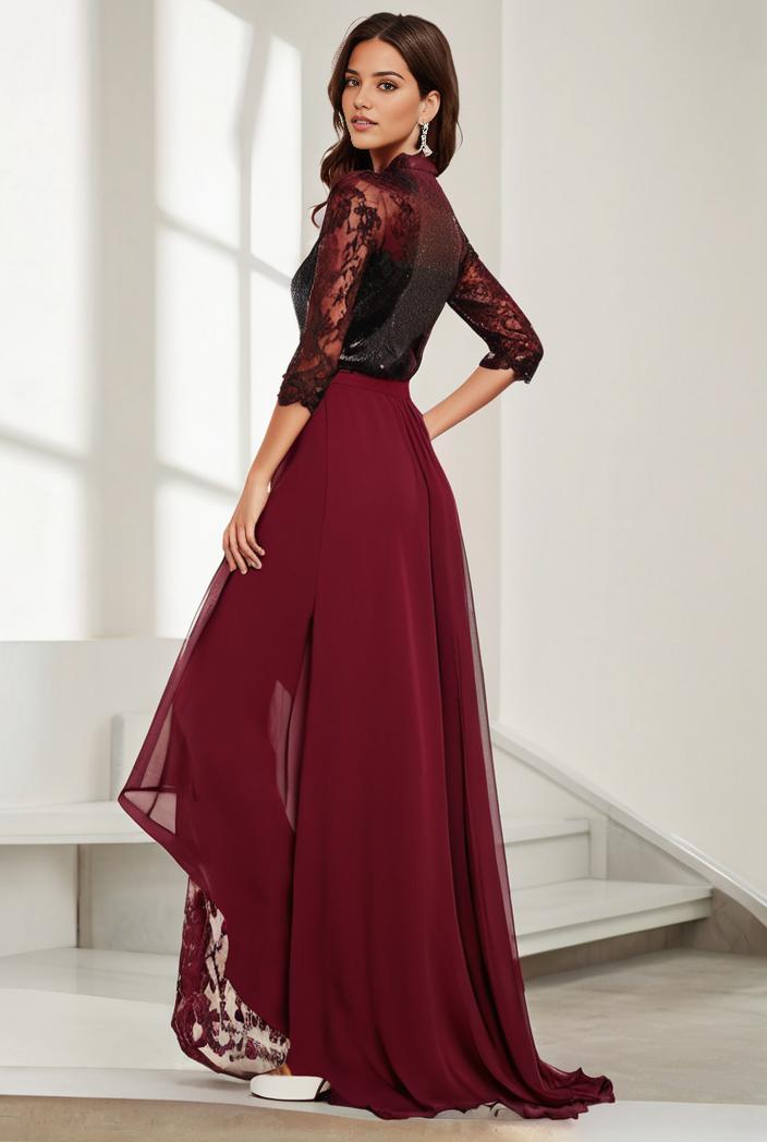 3 4 sleeve sheer sequin stripe high low hem evening dress 128632