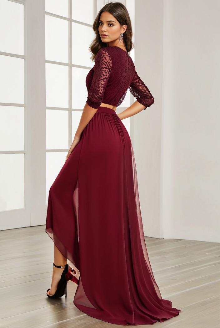 3 4 sleeve sheer sequin stripe high low hem evening dress 128634