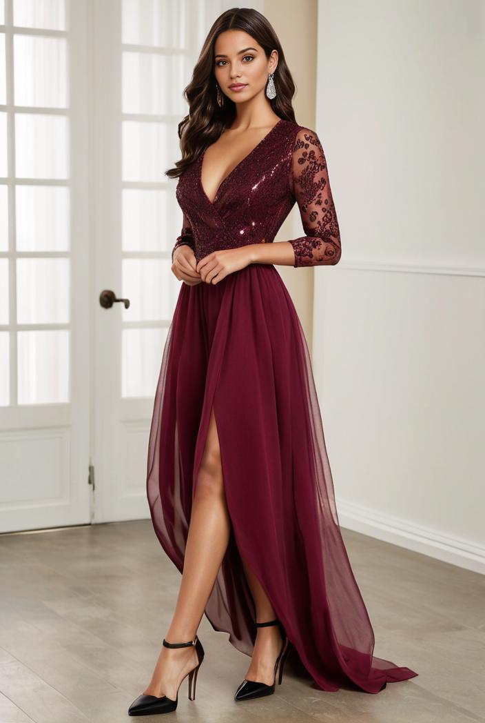 3 4 sleeve sheer sequin stripe high low hem evening dress 128656