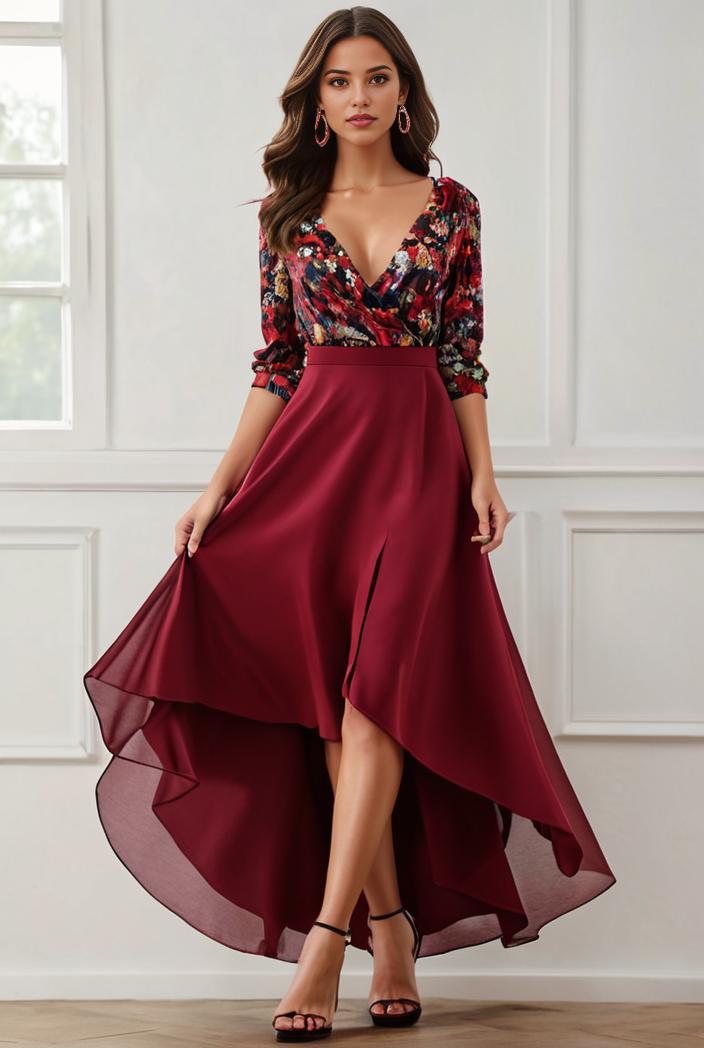 3 4 sleeve sheer sequin stripe high low hem evening dress 128663