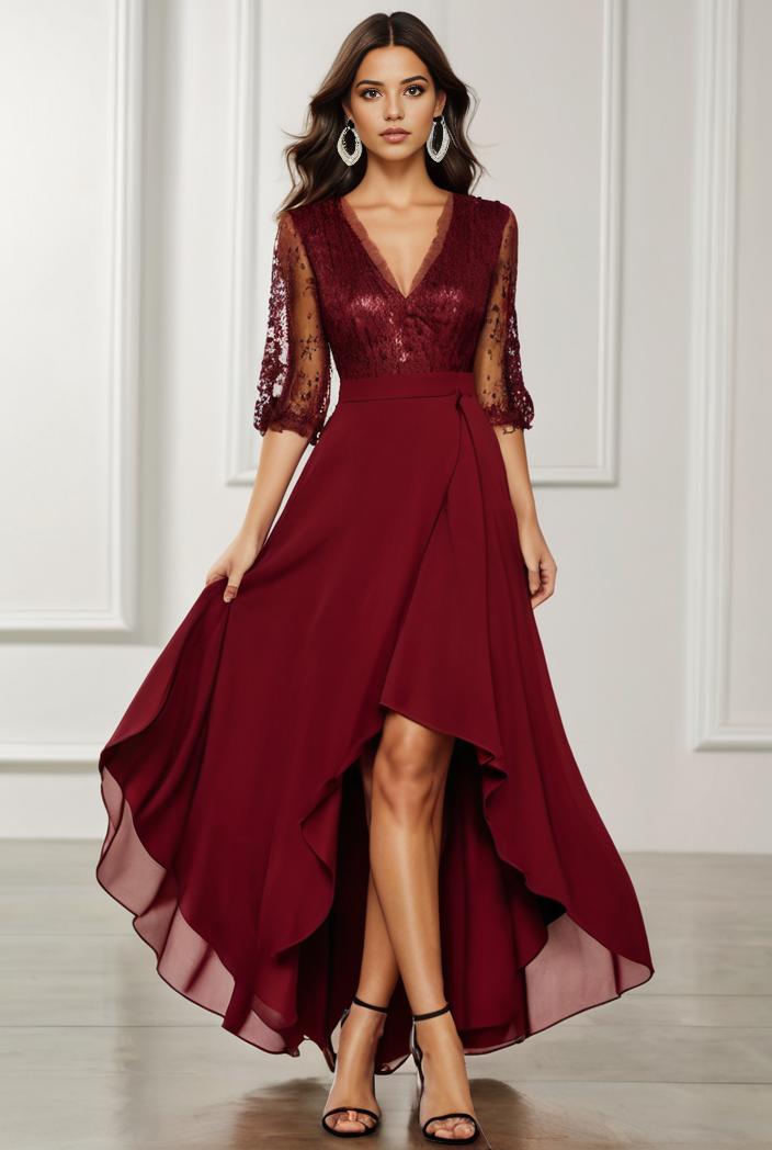 3 4 sleeve sheer sequin stripe high low hem evening dress 128665