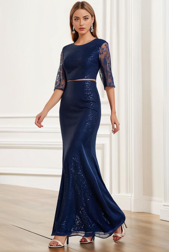 3 4 sleeve bodycon plunging back sequin evening dress 137902