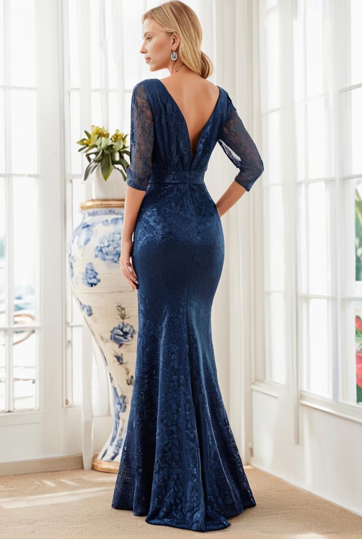 3 4 sleeve bodycon plunging back sequin evening dress 132232