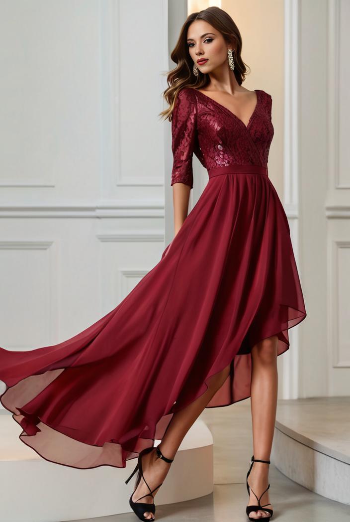 3 4 sleeve sheer sequin stripe high low hem evening dress 132262
